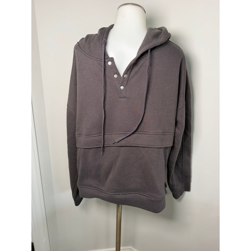 Womens Charcoal Grey Fleece Henley Hoodie Snap Neck Flap Pocket Sweatshirt